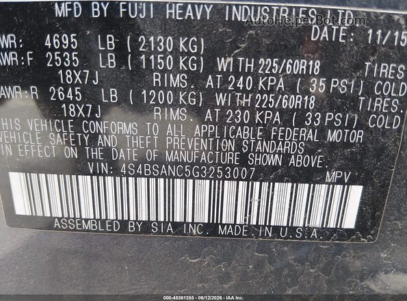 4S4BSANC5G3253007 2016 SUBARU OUTBACK Серый Вид подкапотного пространства