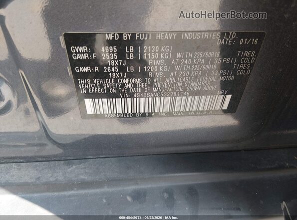 4S4BSANC5G3281146 2016 SUBARU OUTBACK Blue ძრავის განყოფილების ხედი