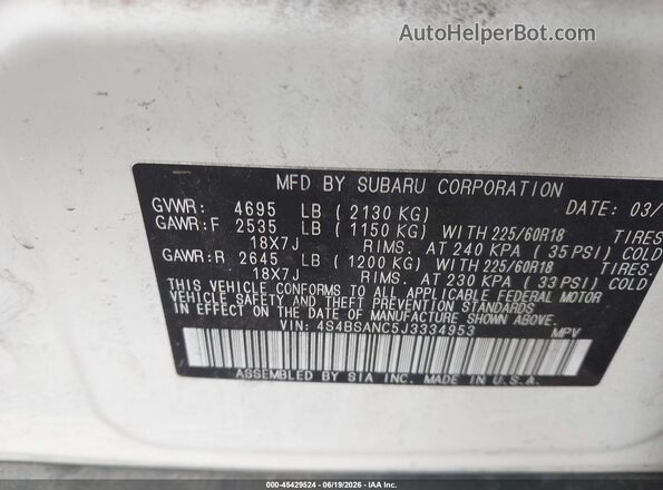 4S4BSANC5J3334953 2018 SUBARU OUTBACK White Շարժիչի բաժամունքի տեսք