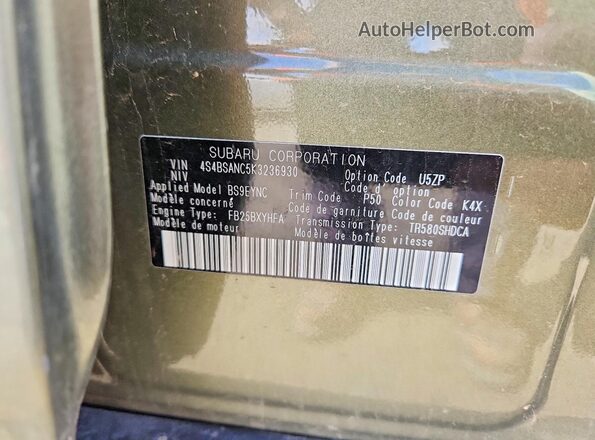 4S4BSANC5K3236930 2019 SUBARU OUTBACK Green VIN კოდის სტიკერის ხედი