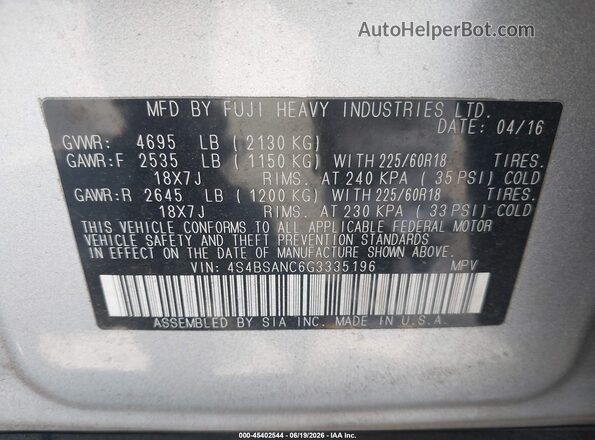 4S4BSANC6G3335196 2016 SUBARU OUTBACK Silver Engine compartment view