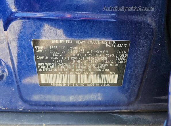 4S4BSANC6H3370869 2017 SUBARU OUTBACK Blue Вид підкапотного простору