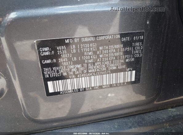 4S4BSANC6J3294575 2018 SUBARU OUTBACK Gray Vista del compartimento del motor