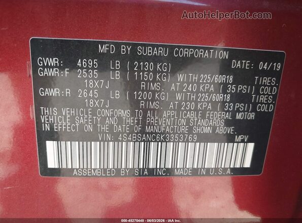 4S4BSANC6K3353769 2019 SUBARU OUTBACK Red 