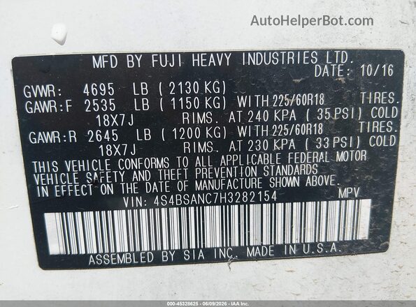 4S4BSANC7H3282154 2017 SUBARU OUTBACK White Engine compartment view
