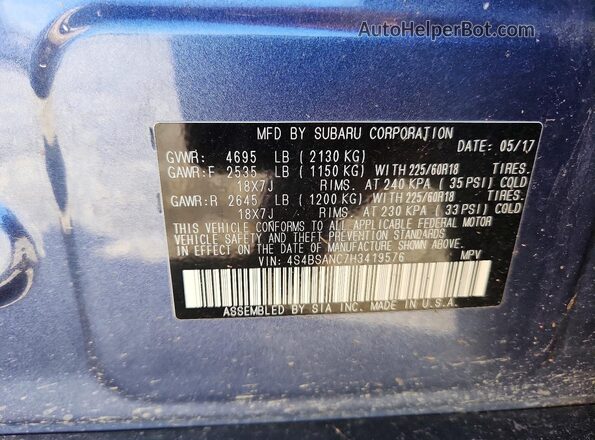 4S4BSANC7H3419576 2017 SUBARU OUTBACK Blue VIN კოდის სტიკერის ხედი