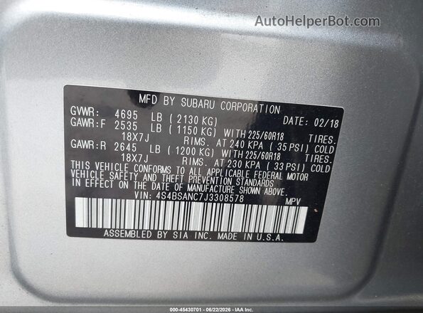 4S4BSANC7J3308578 2018 SUBARU OUTBACK Silver Вид підкапотного простору