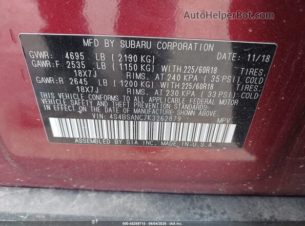 4S4BSANC7K3262879 2019 SUBARU OUTBACK Red ძრავის განყოფილების ხედი