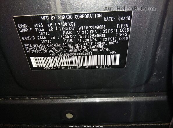 4S4BSANC8J3354954 2018 SUBARU OUTBACK Gray ძრავის განყოფილების ხედი