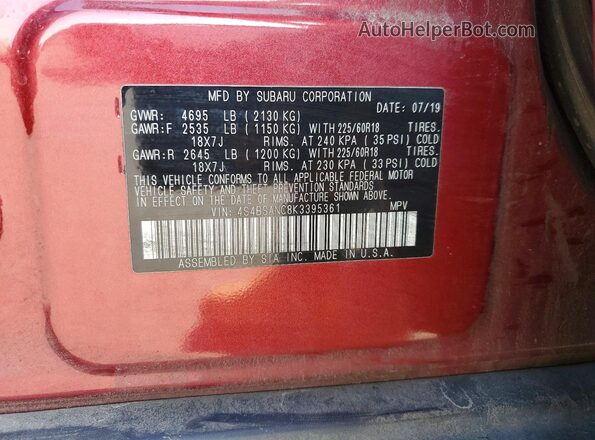 4S4BSANC8K3395361 2019 SUBARU OUTBACK Red Widok naklejki z numerem VIN