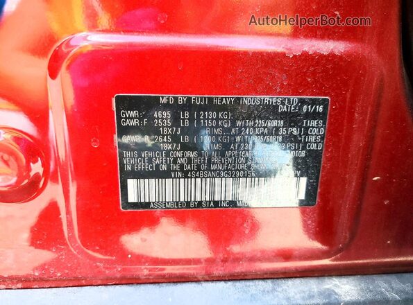 4S4BSANC9G3290156 2016 SUBARU OUTBACK Maroon VIN კოდის სტიკერის ხედი