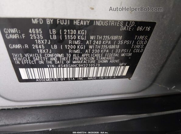 4S4BSANC9H3210579 2017 SUBARU OUTBACK Gray Widok komory silnika