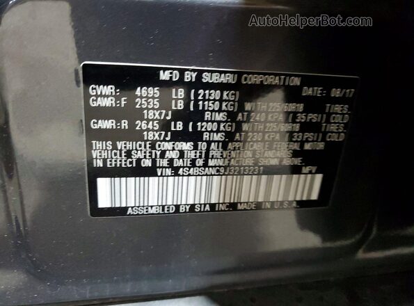 4S4BSANC9J3213231 2018 SUBARU OUTBACK Gray VIN კოდის სტიკერის ხედი