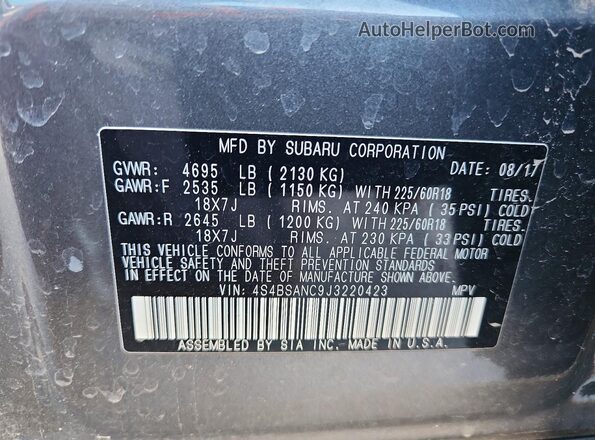 4S4BSANC9J3220423 2018 SUBARU OUTBACK Gray VIN კოდის სტიკერის ხედი
