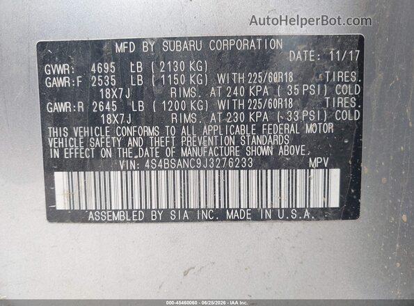 4S4BSANC9J3276233 2018 SUBARU OUTBACK Silver Շարժիչի բաժամունքի տեսք