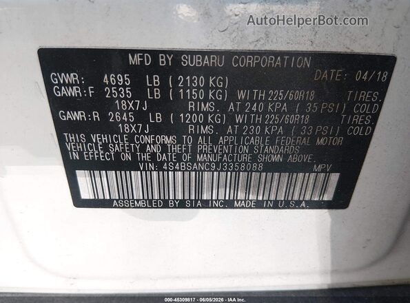 4S4BSANC9J3358088 2018 SUBARU OUTBACK Белый Вид подкапотного пространства
