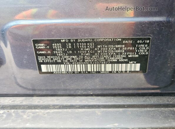 4S4BSANC9J3379877 2018 SUBARU OUTBACK Blue Vista de la etiqueta del VIN