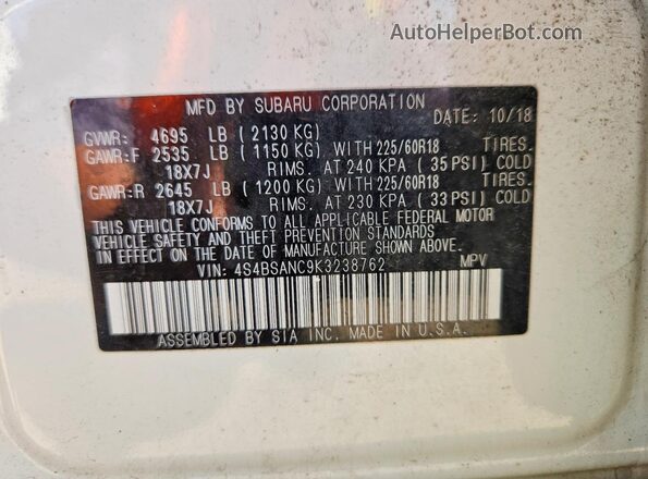 4S4BSANC9K3238762 2019 SUBARU OUTBACK White Vista del compartimento del motor