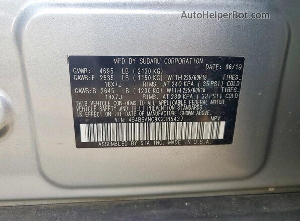 4S4BSANC9K3385437 2019 SUBARU OUTBACK Silver Vista de la etiqueta del VIN