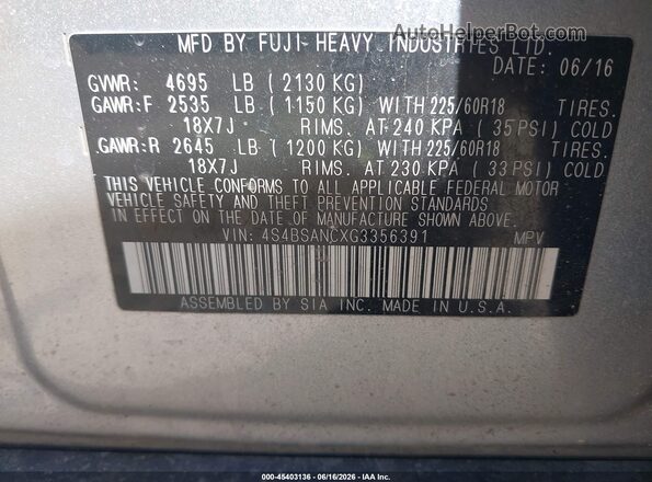 4S4BSANCXG3356391 2016 SUBARU OUTBACK Silver Engine compartment view