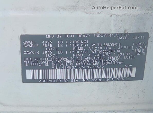 4S4BSATC5H3276582 2017 SUBARU OUTBACK White VIN կոդի պիտակի տեսք