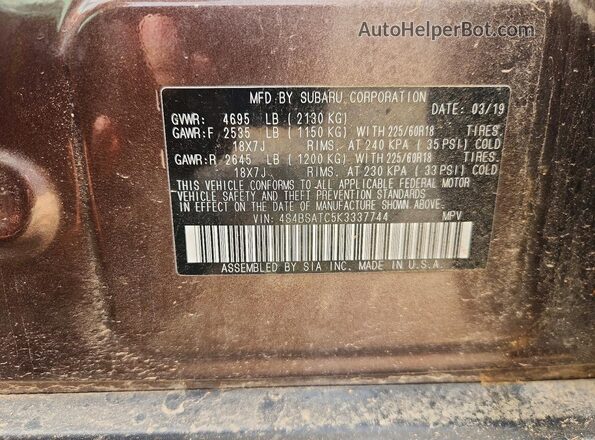 4S4BSATC5K3337744 2019 SUBARU OUTBACK Brown Вид наклейки з VIN-кодом