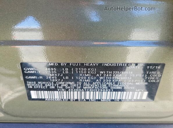 4S4BSATC8H3298821 2017 SUBARU OUTBACK Green Widok wnętrza 360 stopni