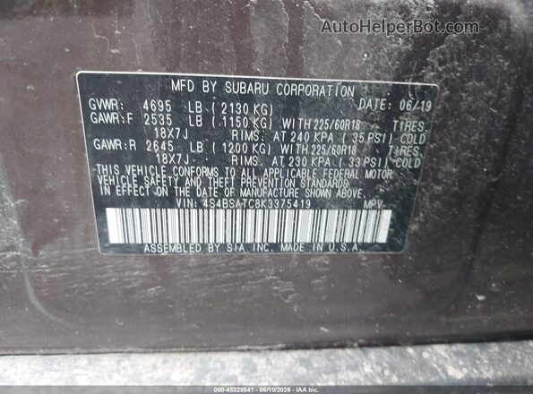 4S4BSATC8K3375419 2019 SUBARU OUTBACK Brown 