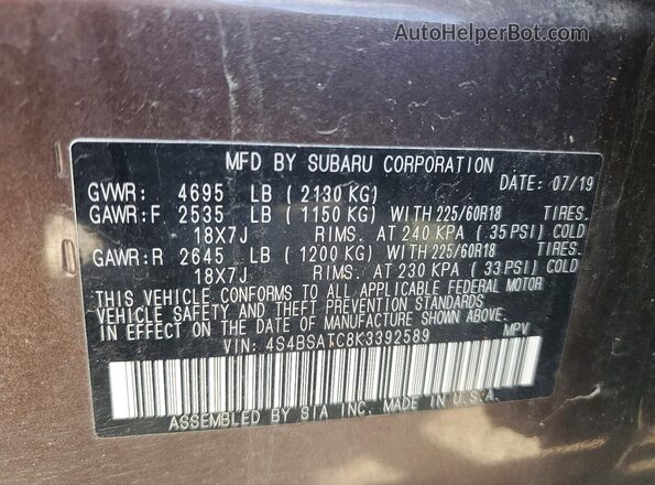 4S4BSATC8K3392589 2019 SUBARU OUTBACK Brown 