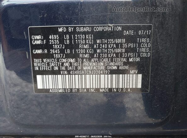 4S4BSATC9J3204192 2018 SUBARU OUTBACK Black ძრავის განყოფილების ხედი