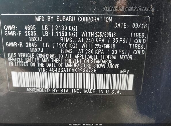 4S4BSATCXK3234786 2019 SUBARU OUTBACK Black Vista del compartimento del motor
