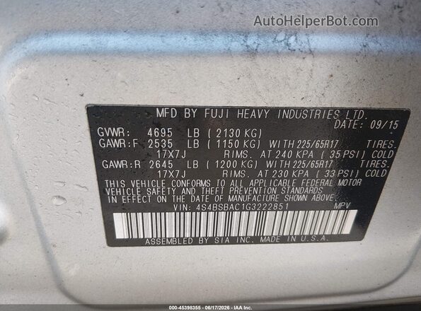 4S4BSBAC1G3222851 2016 SUBARU OUTBACK Silver Вид підкапотного простору