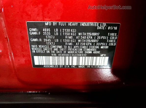 4S4BSBCC3G3288332 2016 SUBARU OUTBACK Burgundy Engine compartment view