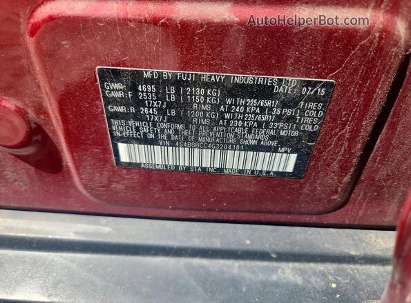 4S4BSBCC4G3204101 2016 SUBARU OUTBACK Red Vista de la etiqueta del VIN