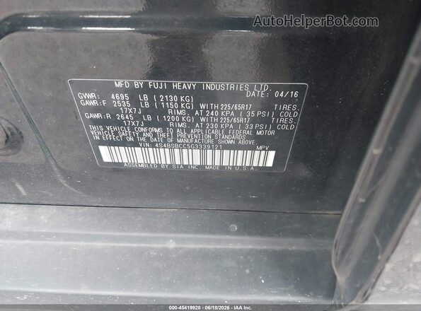 4S4BSBCC5G3339121 2016 SUBARU OUTBACK Black Vista del compartimento del motor
