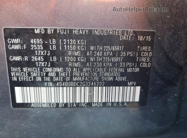 4S4BSBDC2G3246202 2016 SUBARU OUTBACK Gray Вид наклейки з VIN-кодом