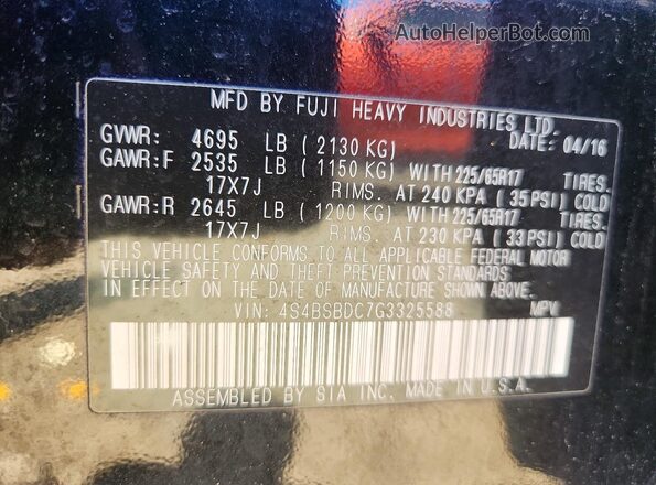 4S4BSBDC7G3325588 2016 SUBARU OUTBACK Черный Вид подкапотного пространства