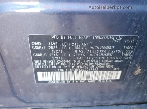 4S4BSBEC8G3247403 2016 SUBARU OUTBACK Blue 