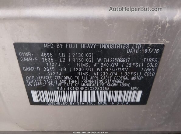 4S4BSBFC5G3283158 2016 SUBARU OUTBACK Gold Widok komory silnika