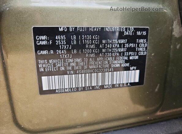 4S4BSBHC0G3238545 2016 SUBARU OUTBACK Green ძრავის განყოფილების ხედი