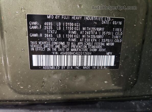 4S4BSBHC4G3312694 2016 SUBARU OUTBACK Green VIN կոդի պիտակի տեսք