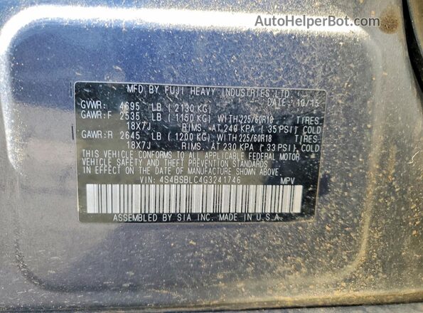 4S4BSBLC4G3241746 2016 SUBARU OUTBACK Gray 