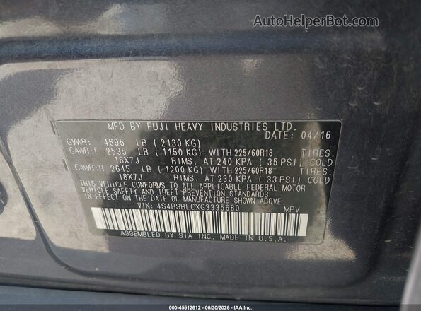 4S4BSBLCXG3335680 2016 SUBARU OUTBACK Gray Vista del compartimento del motor
