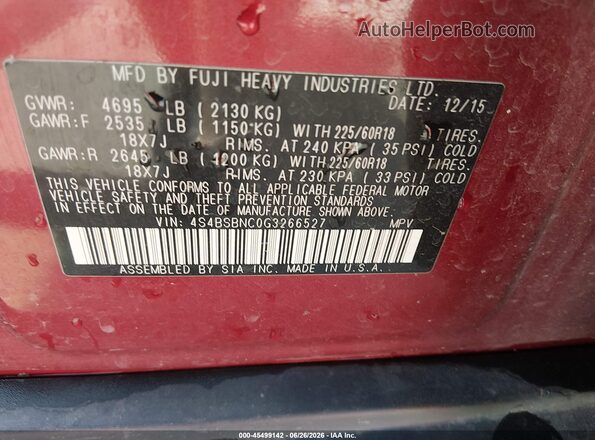 4S4BSBNC0G3266527 2016 SUBARU OUTBACK Red Engine compartment view
