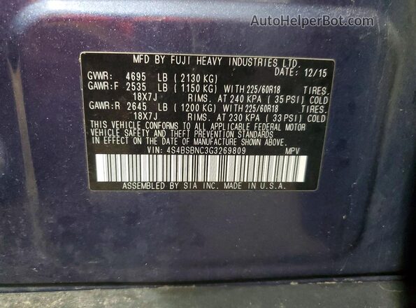 4S4BSBNC3G3269809 2016 SUBARU OUTBACK Blue Вид підкапотного простору