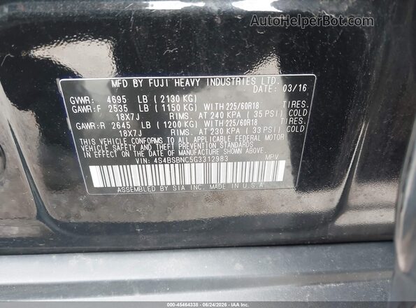 4S4BSBNC5G3312983 2016 SUBARU OUTBACK Black Engine compartment view