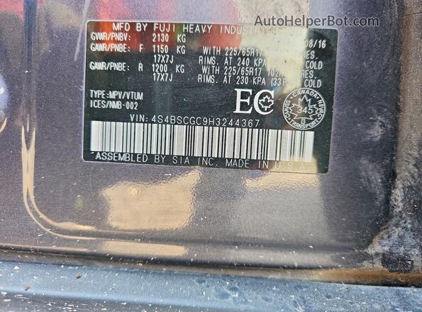 4S4BSCGC9H3244367 2017 SUBARU OUTBACK Blue VIN կոդի պիտակի տեսք