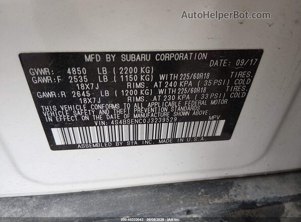 4S4BSENC0J3239529 2018 SUBARU OUTBACK White Вид підкапотного простору