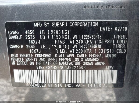 4S4BSENC1J3324508 2018 SUBARU OUTBACK Gray Շարժիչի բաժամունքի տեսք