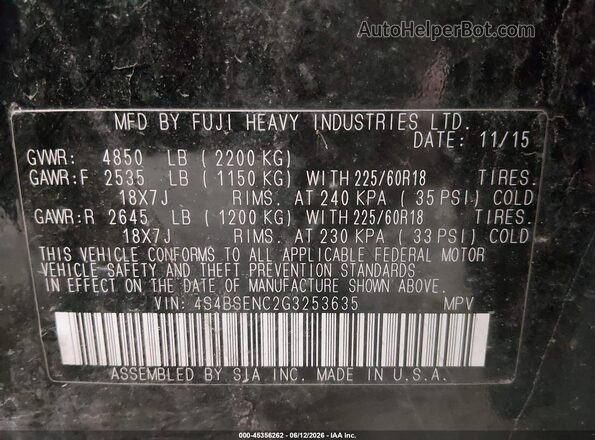 4S4BSENC2G3253635 2016 SUBARU OUTBACK Black ძრავის განყოფილების ხედი